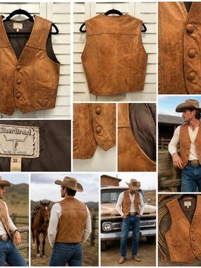 Vintage Steer Brand Leather Vest 38 Brown Patina Western Cowboy Ranch 70s 80s